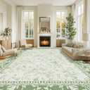 Green Boho 9x12 Rug Living Room Extra Large Washable Non Slip Soft Faux Wool Farmhouse Carpet for Bedroom Dining Room Playroom Cream Beige and Green Peony Lily Aesthetic Pattern Floral Area Rug