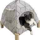 Pozico 2-in-1 Cat Bed Tent with Wooden Frame Cat Teepee & Hammock, Portable Indoor/Outdoor Pet Tent for Cats, Kittens, Small Dogs, and Small Animals Quick Assembly, White Diamond Design