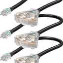 DEWENWILS 2 FT 12/3 Gauge Indoor Tri-Tap Extension Cord Splitter, STW 15 Amp Contractor Grade Heavy Duty Power Cable with LED Lighted Plug, UL Listed, Pack of 3 for Christmas (Black)