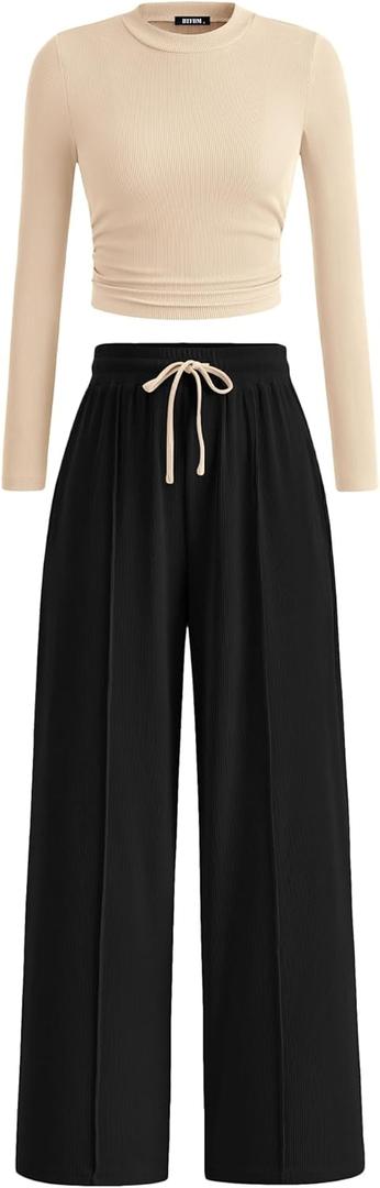 BTFBM Casual 2 Piece Sets For Women Fall Outfits 2025 Ribbed Long Sleeve Crop Top Wide Leg Pants Matching Lounge Set, Small, Beige Black