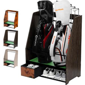 Golf Bag Organizer Rack  Large Wooden Golf Storage for 2 Bags, Clubs & Accessories with Dustproof Drawer, Sports Equipment Rack for Garage, Practice Room, Home or Office (Black)