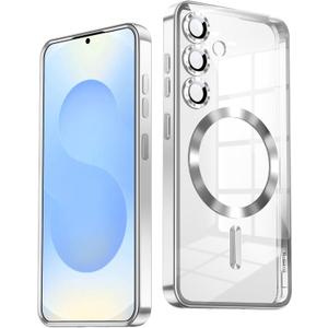 Slim Thin for Samsung Galaxy S25 Plus Case, Compatible with MagSafe, Built-in Camera Lens Protector, Shockproof Protective Phone Case, Soft Electroplated Clear Cover, Silver