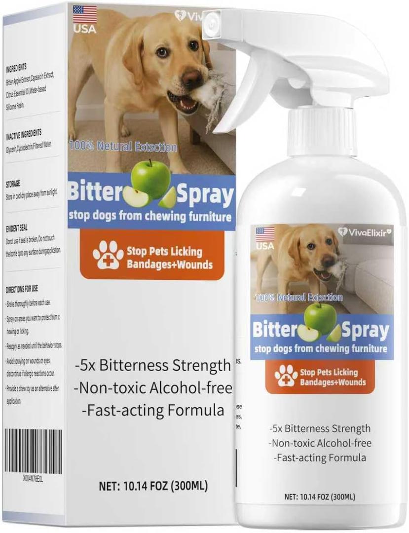 Bitter Apple Spray for Dogs- No chew Spray for Dogs to Stop Chewing & Licking, Protects Furniture, Shoes & Bandages Alcohol-Free, Non-Staining, Skin-Gentle, Puppy-Safe, Vet-Recommended