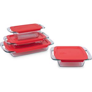 Pyrex Easy Grab 4-Pack Glass Baking Dish Set (1.5QT, 2QT, 3QT, 8"x8") with BPA-Free Lids, Rectangular Bakeware Set, Dishwasher, Microwave, Freezer & Pre-Heated Oven Safe