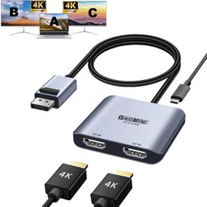 DisplayPort to Dual HDMI Adapter, 4K@60Hz DP source to HDMI Splitter for 2 Monitors, MST Display converter, 1 in 2 out Hub for PC, Laptop splitter for extended display, for NVIDIA, AMD Graphics Card