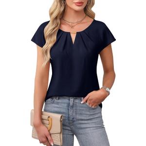 Blooming Jelly Womens Dressy Business Casual Tops Work Trendy Short Sleeve Shirts Summer Cute Pleated Blouses (Blue, L)