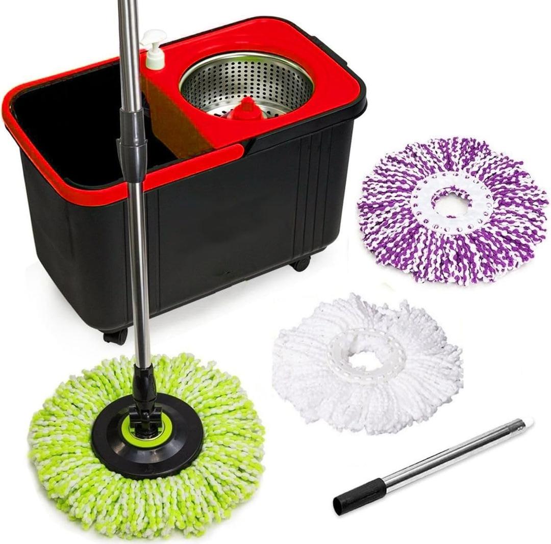 Simpli-Magic 360 Spin Mop and Bucket with Wringer 3 High-Absorbent Microfiber Washable Heads, Soap Dispenser Spinning Mop and Bucket Set for All Types Floor Cleaning