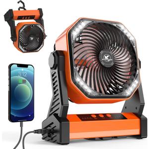 KITWLEMEN 20000mAh Battery Powered Camping Fan - 58H Max Cooling, Rechargeable Battery Operated Desk Fan with 4 Speeds, Bright Light & Hanging Hook, Portable for Tent Outdoor Hurricane Power Outage (Orange)