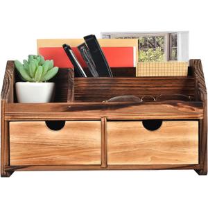 Rustic Torched Dark Brown Wood Desk Organizer Wooden Tabletop Stationery Holder Multiple Compartments Slots 2 Drawers Storage Cabinet Office Supplies Makeup Accessory Sorter Display Box Home