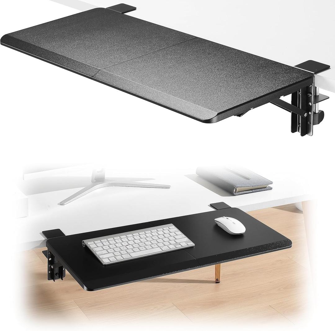 Fydeamer Ergonomics Desk Extender Tray, 26.7"x11.3" Large Size Foldable Keyboard Drawer Tray Clamp On, Armrest Support for Home and Office (Black)