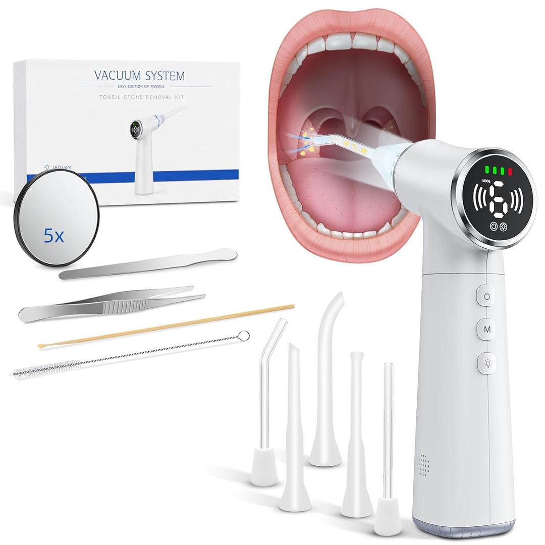 Upgraded Electric Tonsil Stone Remover  High-Precision & Painless Cleaning, Food-Grade Material, 6 Suction Levels | Tonsil Stone Removal Kit with LED Light, Oral Protection & 11 Attachments (XL, White)