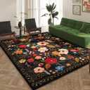 Area Rugs 8x10 Rug for Living Room Clearance Washable Boho Area Rug Non Slip Floral Vintage Low Pile Large Rug for Living Room, Bedroom, Farmhouse, Dining Room, Kids Playroom(Black)