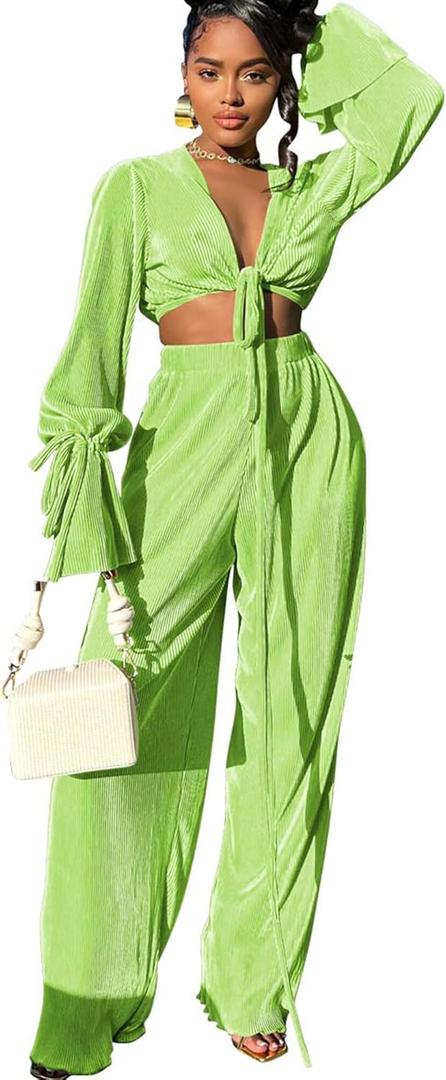 Casual Sexy 2 Piece Outfit for Women Dressy Linen Long Sleeve V Neck Top Y2K Flare Pleated Wide Leg Pants Sets Beach Vacation (XX-Large, Green)