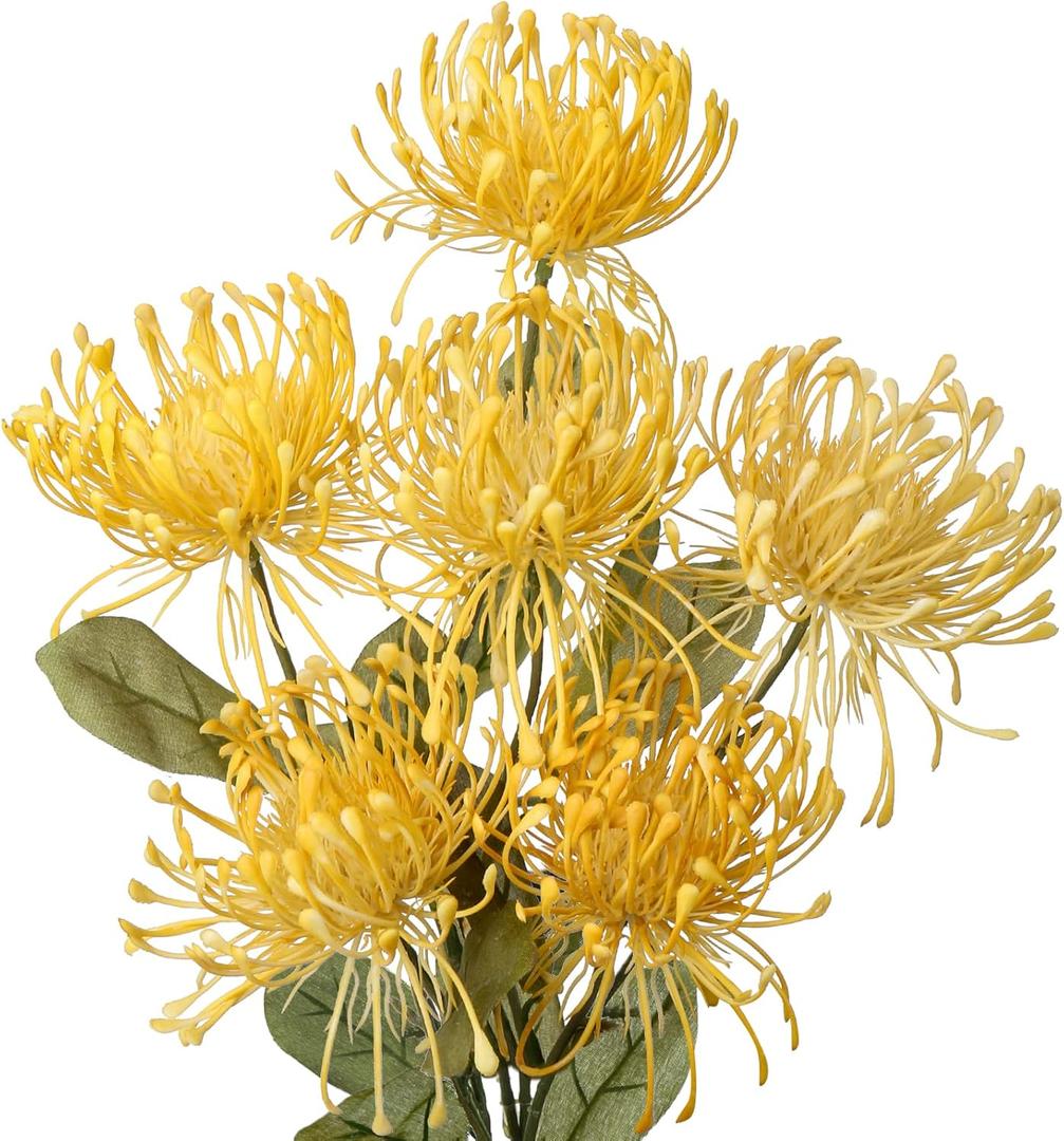 Hollyone 33" Yellow Artificial Mums Flowers Chrysanthemum Flowers 2Pcs Fake Spider Mum Flower Arrangement Faux Pincushion Flower with 3 Heads Long Stem for Party Centerpiece Bouquet Home Decor