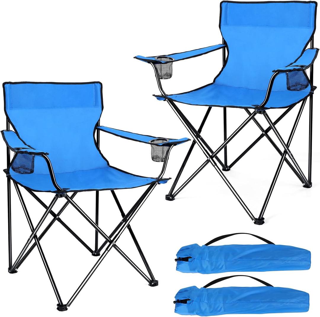 Joyfair Camping Chairs for Lawn & Beach, Large for Adults, Blue | 2 Pack Heavy Duty Steel Folding Chair for Outside, 600D Oxford Fabric, Carry Bag & Cup Holder, X-shape Supports, Portable
