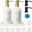Glass Soap Dispenser for Kitchen, Farmhouse Kitchen Dish Soap Dispenser&Hand Soap Dispenser Set, Rustproof Pump Soap Lotion Dispenser Bathroom with Tray, Waterproof Label for Decor(White (White Bottle + Gold Pump + Black Pump)