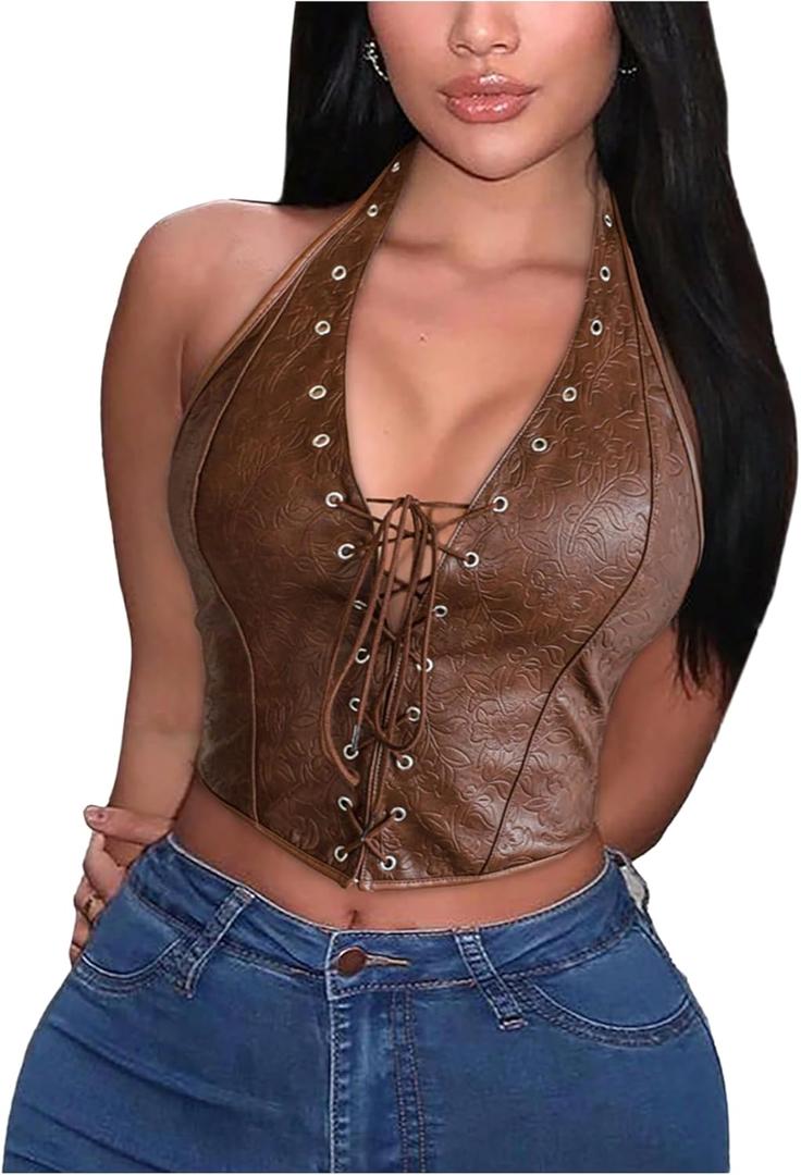 Verdusa Women's Sexy Corset PU Leather Halter Tops Backless Lace Up Crop Going Out Tops Rave Outfits (Large, Brown)
