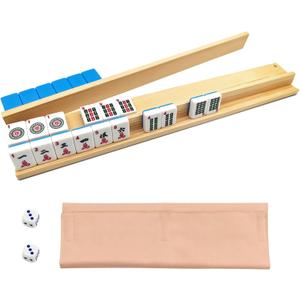 Mahjong Racks with Magnetic Pushers for American Mahjong, 17.3 Inch Wooden Tile Holder Set of 4, Adult Card Game Accessories with Dice and Storage Bags