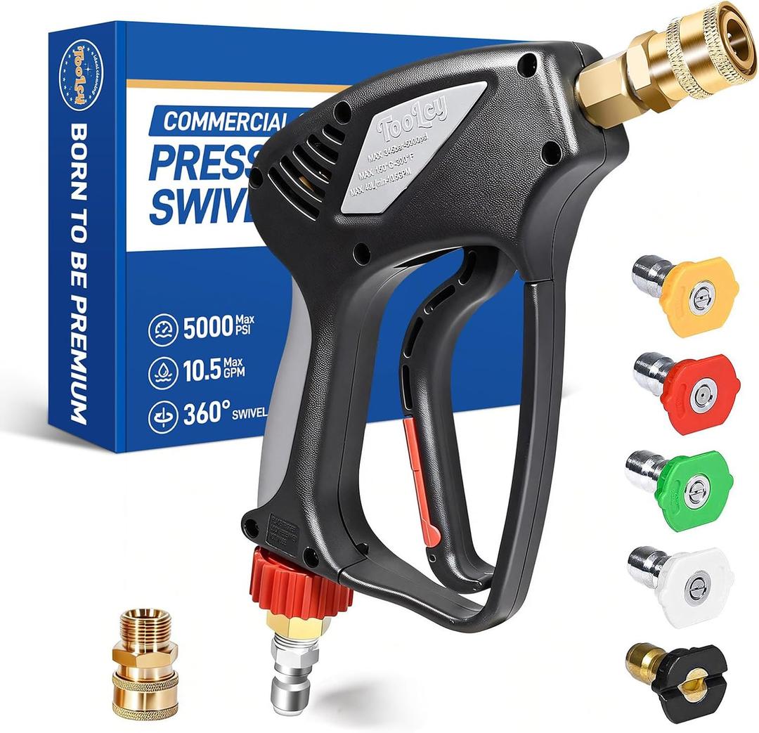 TOOLCY Pro Short Pressure Washer Gun 5000 PSI with 360 Swivel,3/8" Quick Connect Inlet, High Pressure Washer Gun with 1/4" Quick Connect Outlet, Includes 3/8" QC to M22-14mm Adapter & 5 Nozzle Tips