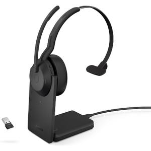 Jabra Evolve2 55 Mono Wireless Headset with Charging Stand AirComfort Technology, Noise-Cancelling Mics & Active Noise Cancellation - Works with UC Platforms Such as Zoom & Google Meet - Black (Single-ear, Stand + USB-A Dongle)