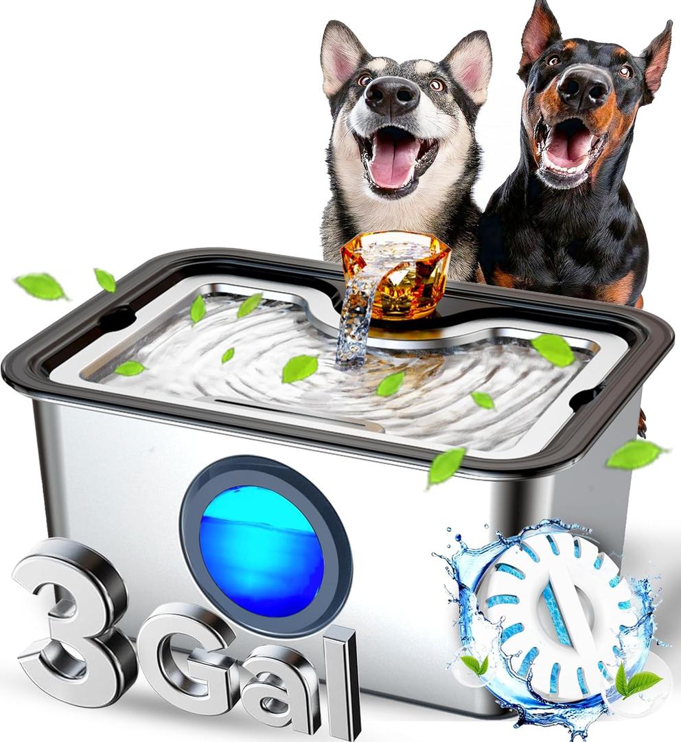 12L Large Ultra-Purification Dog Water Fountain SS304,Dog Drinking Bowl Dispenser with Visual Window,Widely Drinking Area,Triple Waterfall Structures,Deep Purification Filter,Low Water Indicator