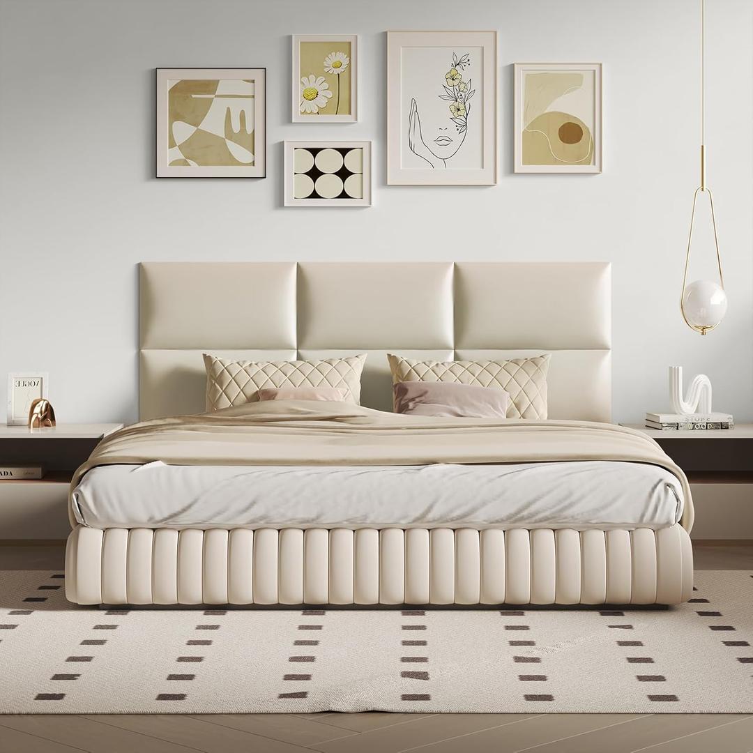 Wall-Mounted Upholstered Headboard Panels, Light Brown Faux Leather, 24x12 Inches, Pack of 9 DIY Soundproof Padding for Full, Queen, or King Beds, Modern Wall Dcor, Easy to Install (Beige)