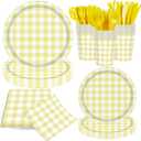 140Pcs Gingham Party Supplies for 20 Guests Thick Paper Plates and Napkins Knives Spoons Forks Cups Disposable Party Set Cutlery for Dinner Baby Shower Wedding Favor(Yellow)
