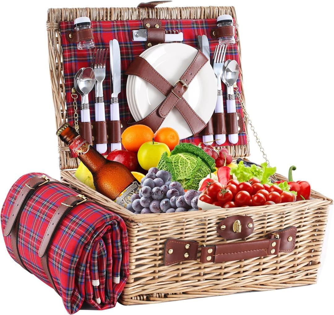 Wicker Picnic Basket for 4 with Waterproof Picnic Blanket and Insulated Cooler, Willow Hamper for Camping, Outdoors, Photoshoot, or a Birthday, Valentines Day, Wedding Gift (Red Grid)