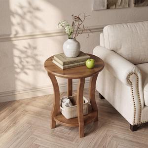 2-Tier Solid Wood Round End Table Set of 2, Sofa Couch Table with Storage