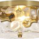 Krychiler 2-Light Flush Mount Ceiling Lights, 9.8 inch Foyer Lighting Fixtures with Ripple Glass Shade, Kitchen Lights Flush Ceiling Light Fixture for Bedroom, Island (Gold)