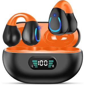 Clip On Earbuds Bluetooth 5.3 Wireless Earbuds Open Ear Bone Conduction Headphones Sport Earphones with LED Digital Display Charging Case Built-in Mic IPX7 Waterproof for Running Fitness Black Orange (Q71)