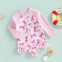 Yccutest Little Toddler Girl Long Sleeve One Piece Swimsuit Pink Bow Print Rash Guard Bathing Suit for Girls Kids Swimwear (12-18 Months)