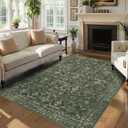 Washable Area Rug 6x9 Green Rugs for Living Room, Vintage Boho Large Rug for Bedroom Dining Room Office, Distressed Floral Print Carpet for Under Table, Soft Non Slip Low Pile Throw Carpet Indoor Mat