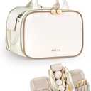 Prite Makeup Bag for Women, Large Capacity Waterproof Travel Cosmetic Organizer, Portable Open Flat Toiletry Bag with Free-standing Brush Holder and Handle (Beige, Medium)