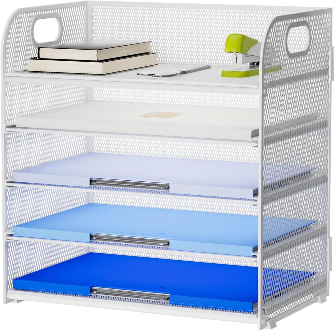 Paper Organizer Letter Tray, 5 Tier Mesh File Organizer with Handle, Paper Sorter Desk Organizer for Home Office Supplies - White, 2 Pack 
