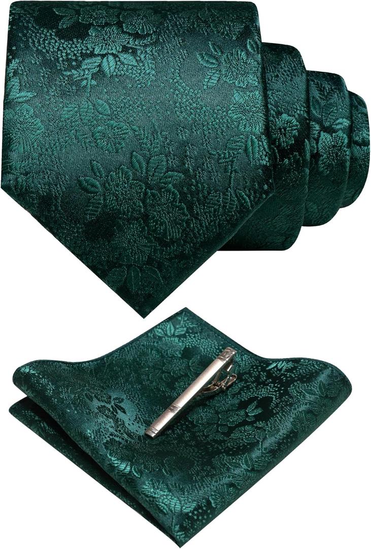 JEMYGINS Floral Necktie and Pocket Square Tie Clip Sets for Men
