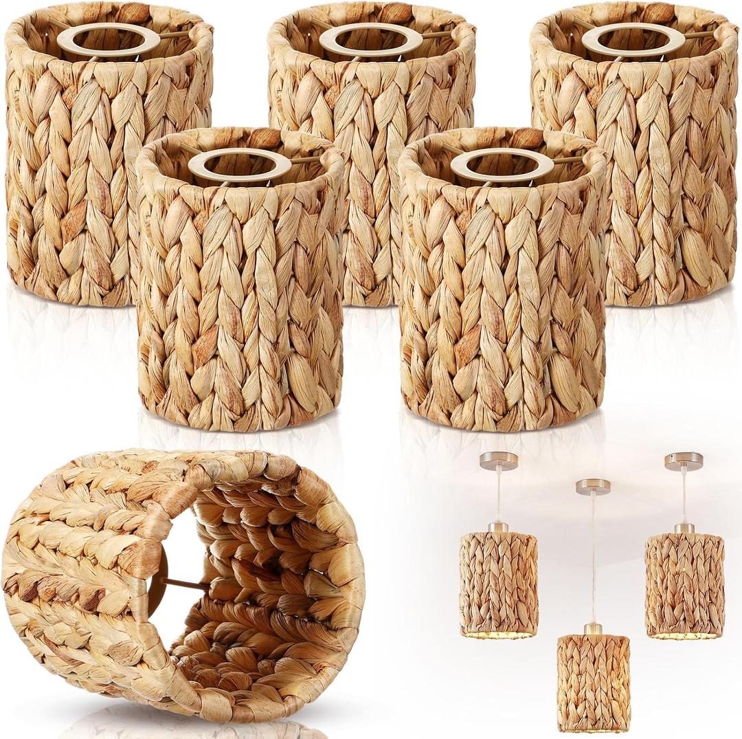 Gerrii 6 Pack Small Rattan Lamp Shades 5.91" (H) x 5"(D) Boho Woven Light Covers, Water Hyacinth Replacement Shades for Pendant Wall Ceiling Fixture, Clip on Bulb Decor