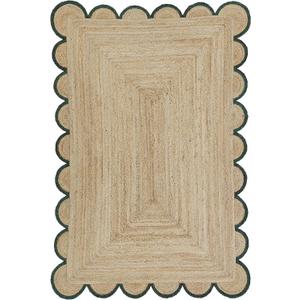 Hand Woven Farmhouse Jute Area Scalloped Rug Natural Scallop Pattern Jute Bohemian Base Green Trim Rug (Green, 2'x6')