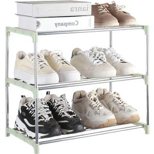 Fouews Small Shoe Rack, Narrow Stackable Shoe Shelf Organizer for Entryway, Doorway and Bedroom Closet (3Tier, Green)