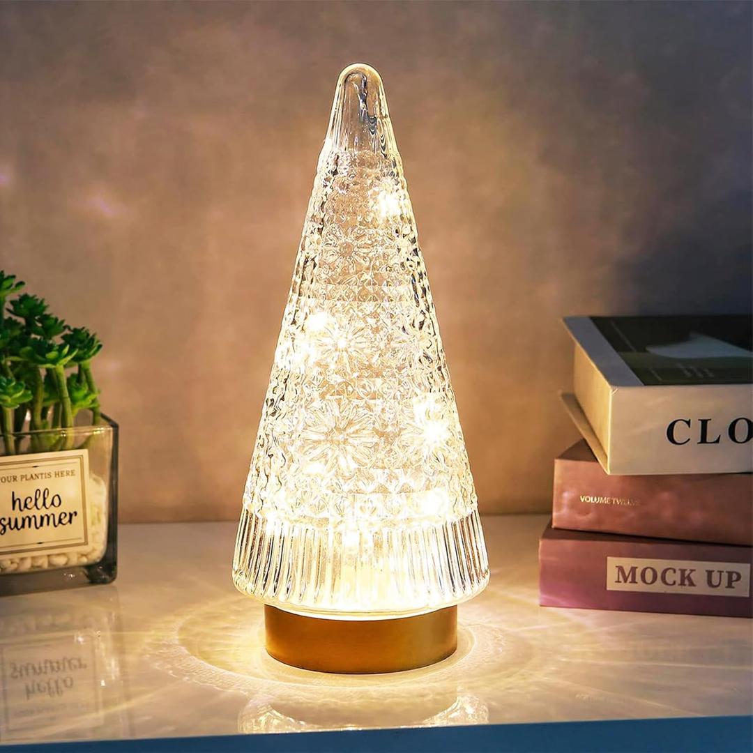Glass Christmas Tree Light with Timer, Battery Operated Lit Clear Xmas Tree Figurine, Lighted Mercury Glass Decor Cordless Cone Crystal Xmas Tree Tabletop Lamp, Light Up rbol de Navidad with Lights (White)