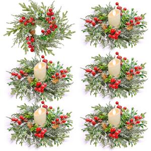 [Snowy] 6 Pcs 9" Christmas Candle Rings Wreaths, Real Touch Cedar Wreath with Cypress Snowy Pinecones & Red Berry Christmas Candle Ring Holder Mini Wreath for Home Kitchen Table Centerpiece Decor