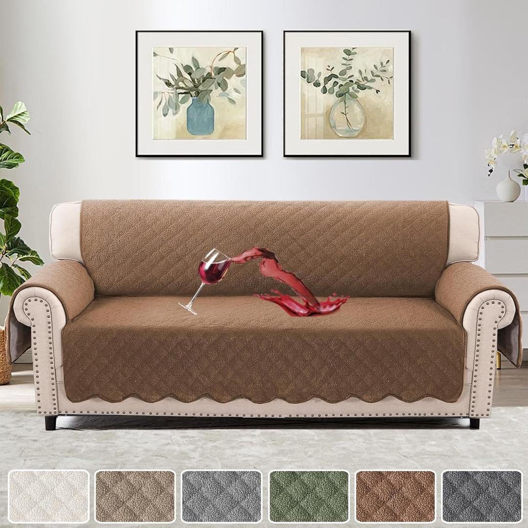 H.VERSAILTEX Waterproof Quilted Couch Covers Non Slip Sofa Covers Protector Slipcovers for Dogs, Covers for 3 Cushion Couch Sofa Pet Furniture Protector Modern Fleece Fabric (Sofa,Caramel)