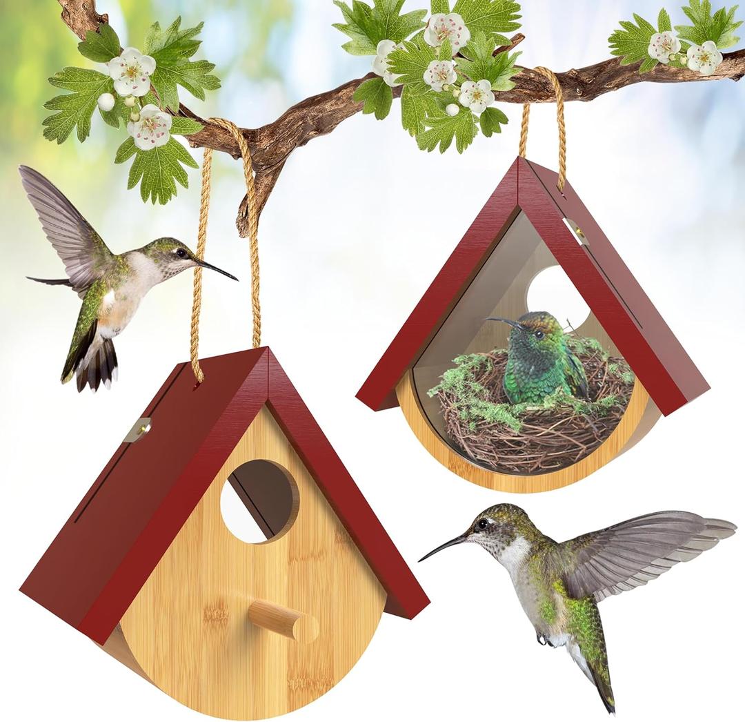 2 Pack Hummingbird House, Window View Wooden Bird Houses for Outside Hummingbird Houses for Nesting, Hanging Chickadee House for Indoor Outdoor with Hemp Ropes