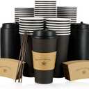 LITOPAK 50 Pack 20 oz Paper Coffee Cups for Hot Chocolate Drinks, Black Disposable Coffee Cups with Lids, Sleeves and Stirring Sticks for Parties, Picnic, Travel, and Events