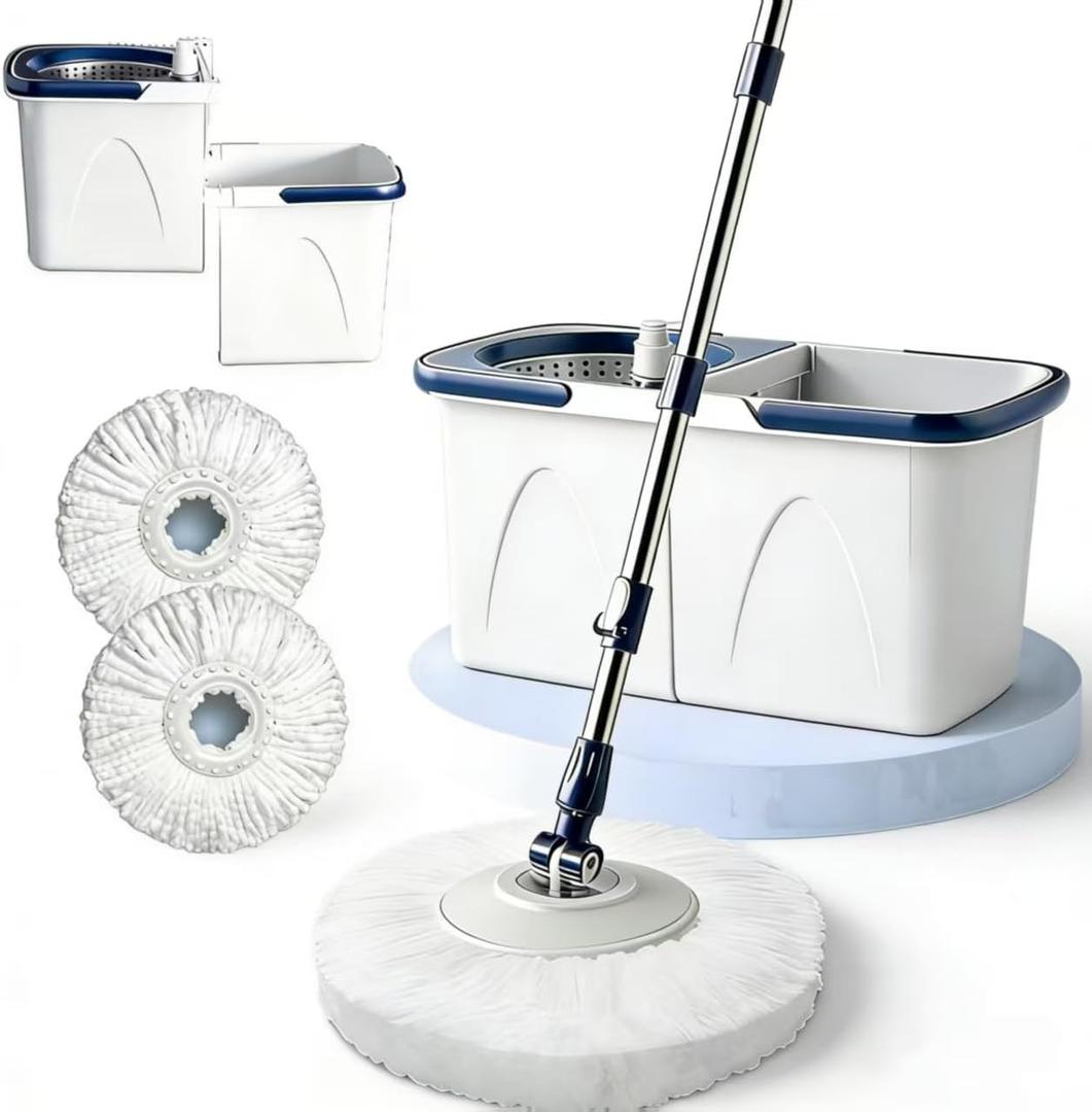 Spin Mop Bucket with Wringer, Mop with Bucket Set Includes 3 Replacement Pads, Durable Mop Bucket for Home Floor Cleaning