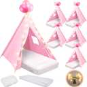 6 Pack Sleepovers Teepee Tent for Kids Bulk with Mattress Sheet Light,Natural Cotton Washable Indoor Play Tent for Birthday Slumber Party Girls Boys Pajama Movie Night Supplies(Light Pink), 5.25 ft