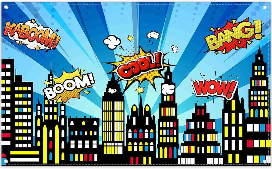 72x43inch Superhero Cityscape Backdrop American Comics Style Building Scenes Photography Background Birthday Party Cake Table Decorations Banner Photo Prop
