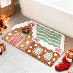 Whaline Christmas Bathroom Rug Absorbent Pastel Gingerbread House Tufted Bath Mat Non Slip Shower Rug Front Door Mat for Winter Xmas Home Room Entrance, 20" x 31.5"