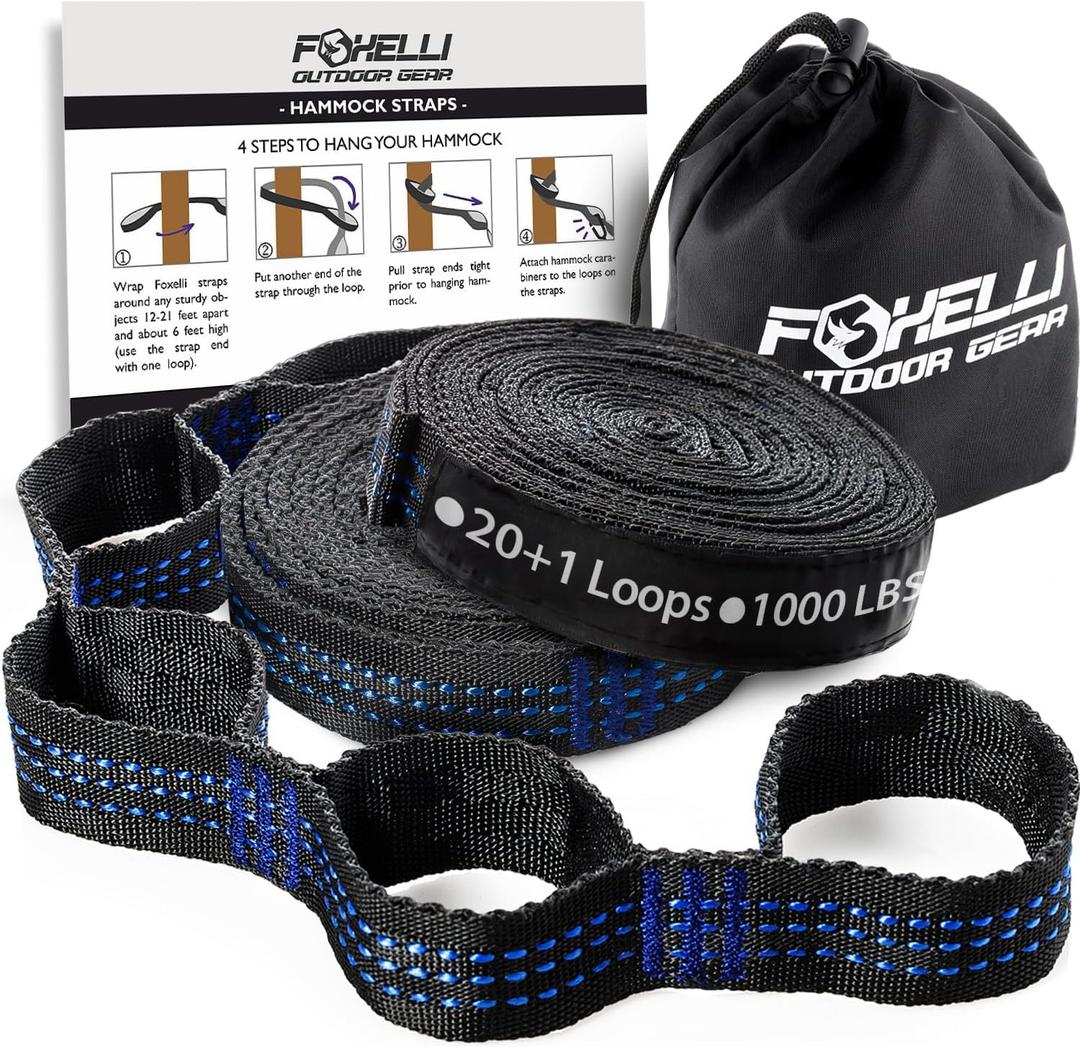 Foxelli XL Hammock Straps - Extra Long 20FT Heavy Duty No-Stretch Suspension System, 40+2 Loops, 2000 LBS Capacity, for Indoor/Outdoor Use Set of 2 Straps & Carry Bag