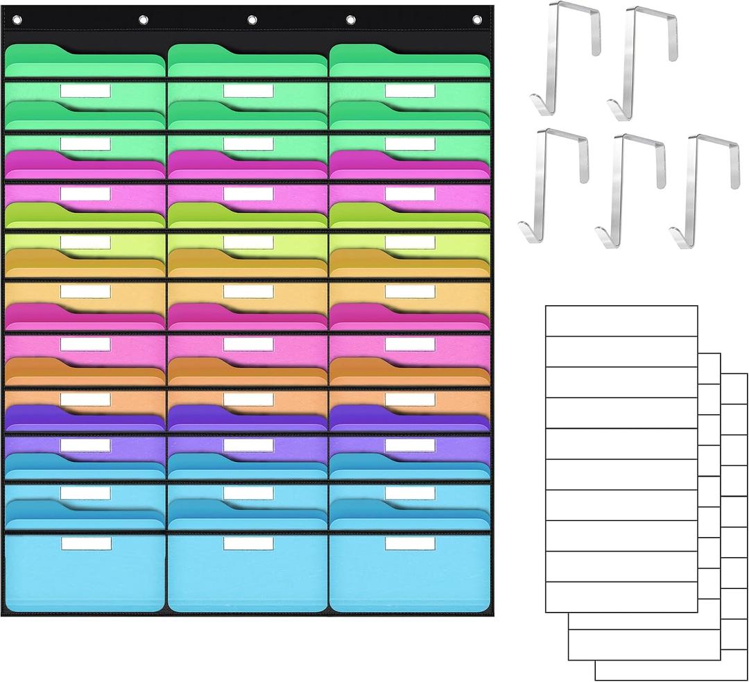 ABCxGOOD 30 Pockets Hanging Wall File Organizer, Transparent Clear Pockets Storage Chart with Over Door Hooks for Office, Classroom & Home, File Folder & Paper Organizer, Includes Labels (30 Pockets)